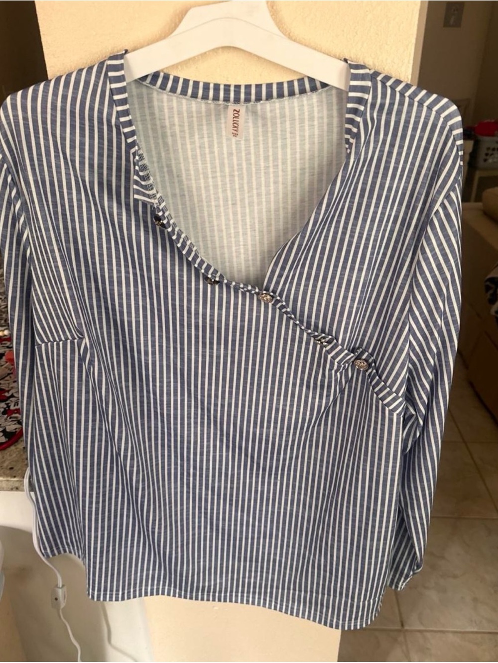 Lucky Brand Navy and White Striped Button-Front Wrap Blouse